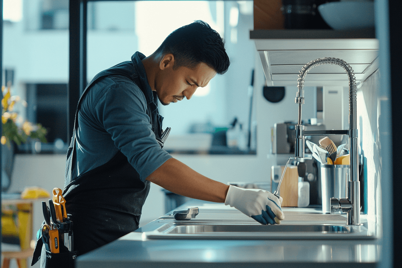 Picture of a plumber working on a kitchen sink 